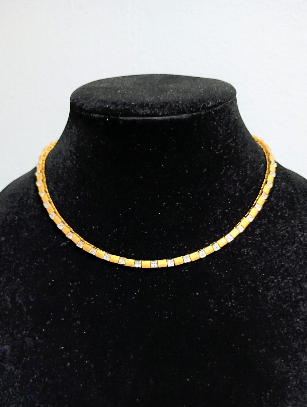 Gold Toned and Faux Diamond Block Chain Choker Necklace
